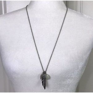 Banana Republic Silver Tone Long Feather Leaf Stone Rhinestone Layering Necklace